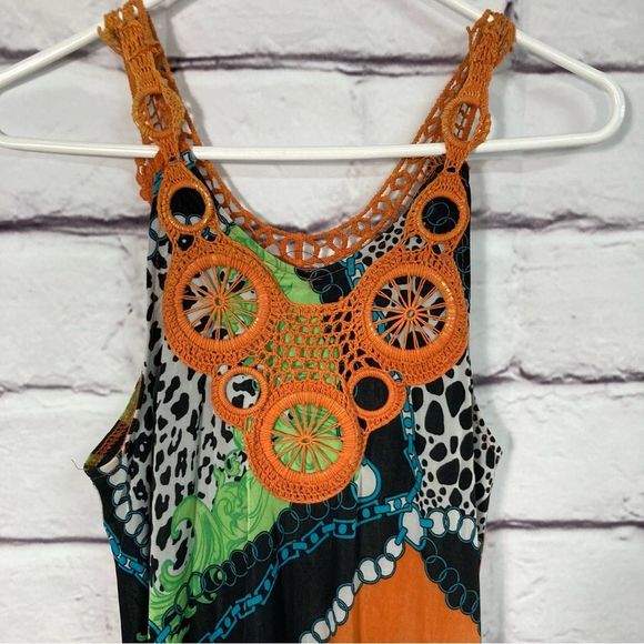 Paris Paris Maxi Dress SZ L Lined Bold Abstract Animal Print Orange Blue Crochet - Picture 2 of 12